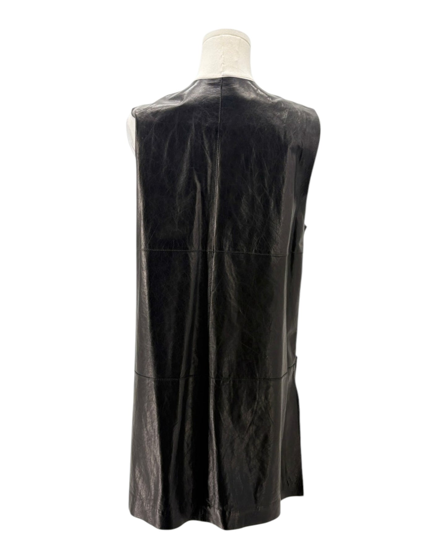 Black leather vest on a mannequin against a white background