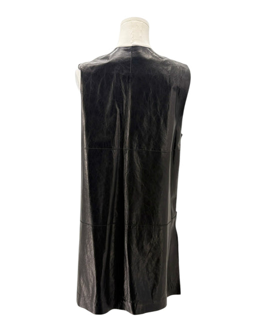 Black leather vest on a mannequin against a white background