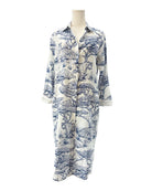 Mannequin wearing a blue and white patterned shirt on a white background