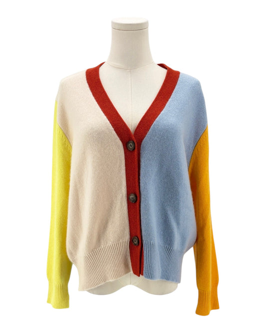 Color-blocked cardigan on a mannequin against a white background