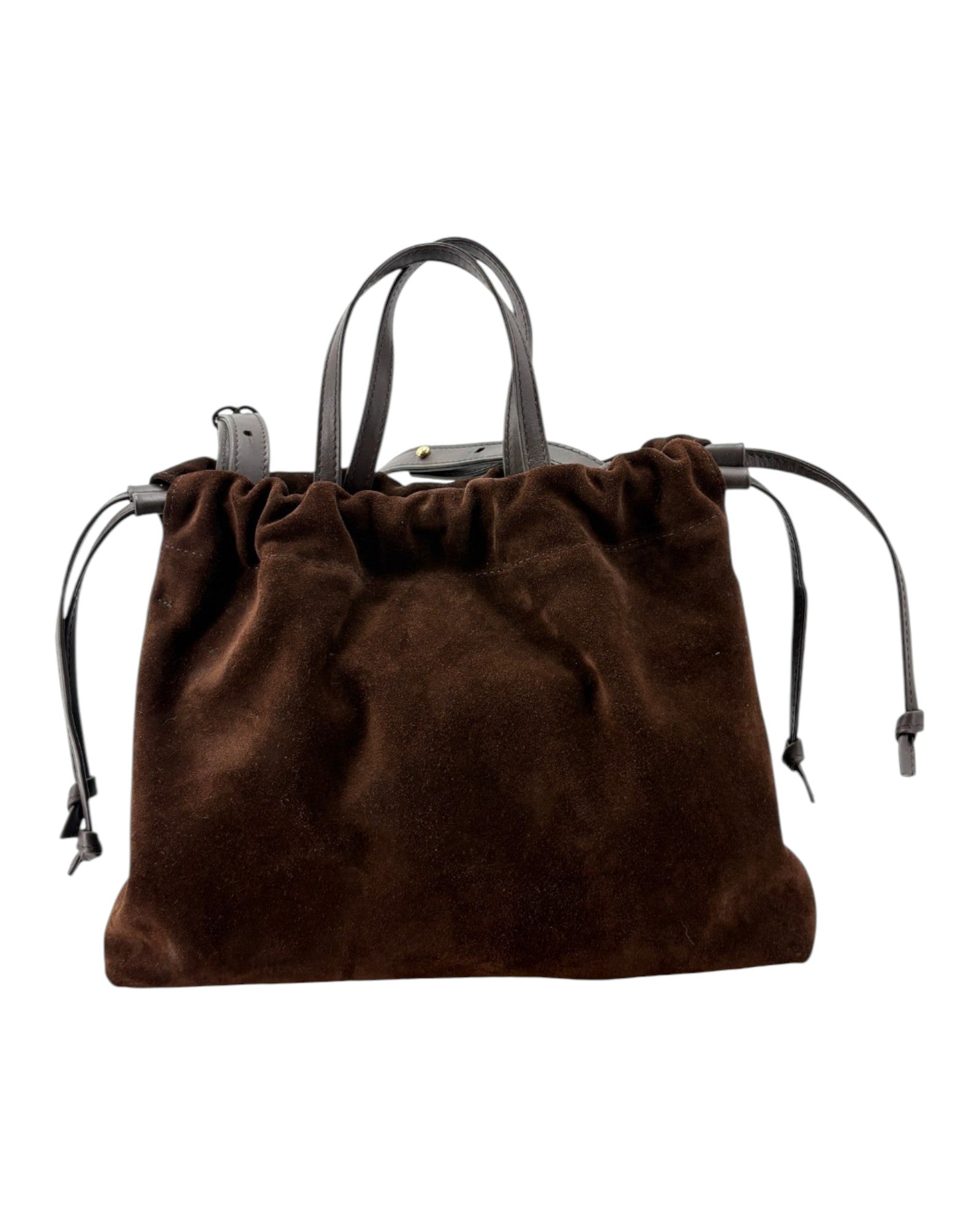 Brown suede handbag with black handles on a white background