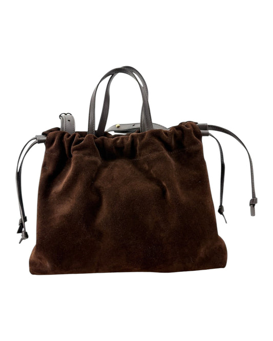 Brown suede handbag with black handles on a white background