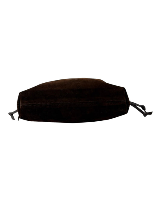 Brown suede Handbag with brown straps on a white background