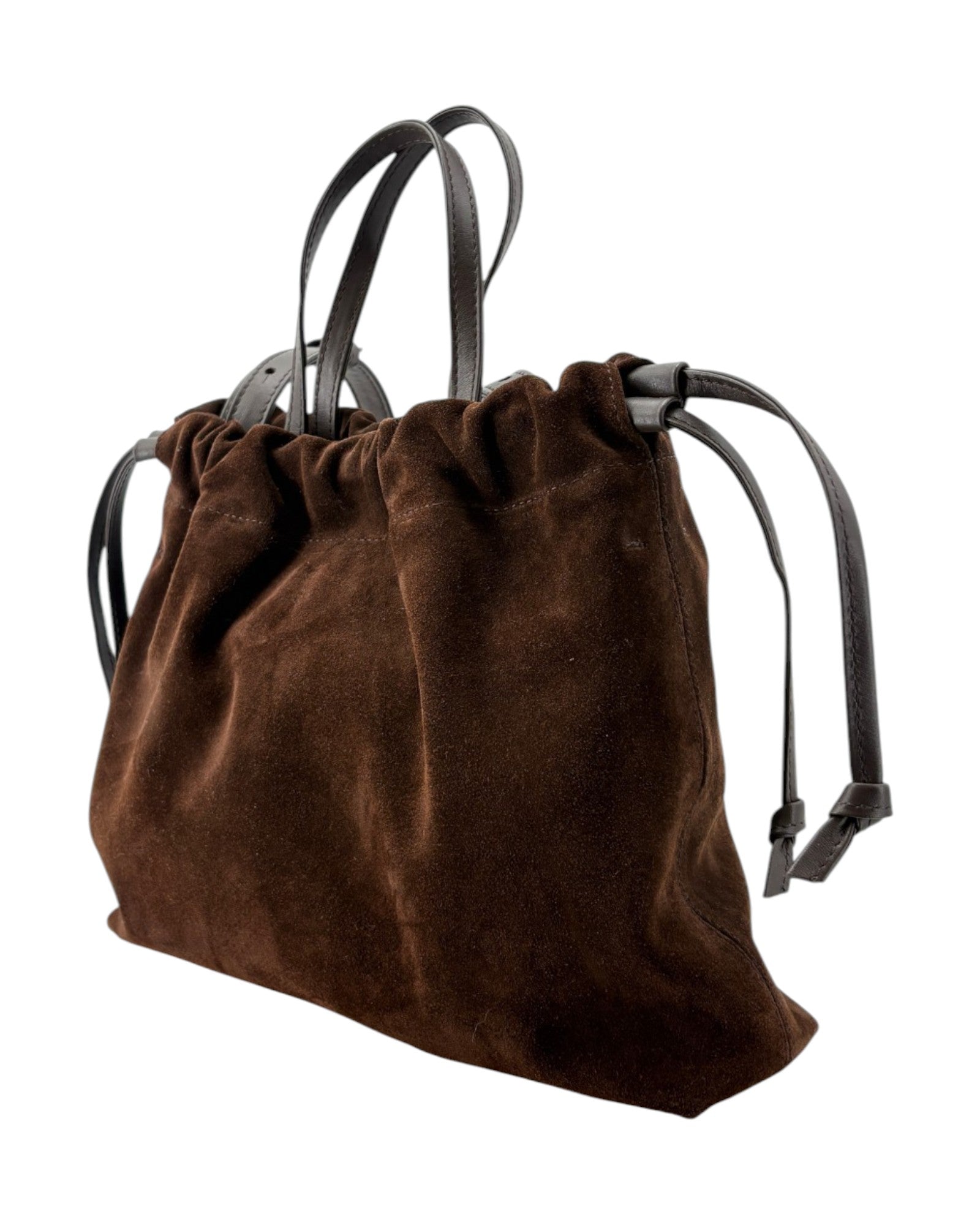 Brown suede handbag with black straps on a white background