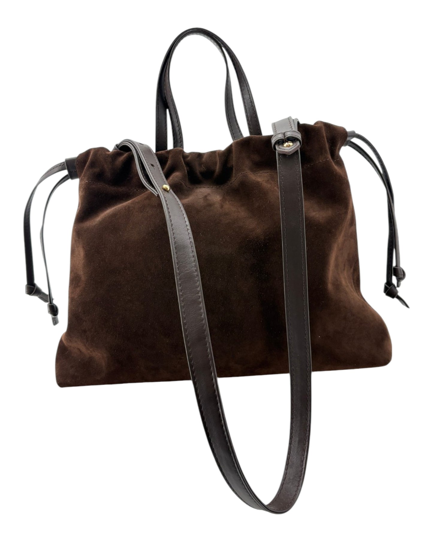 Brown suede handbag with black straps on a white background