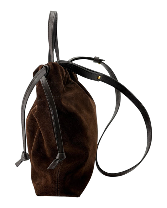 Brown suede Handbag with brown straps on a white background