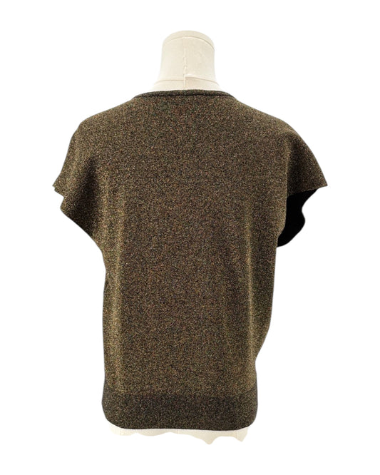 Metallic knit sleeveless top on a mannequin against a white background