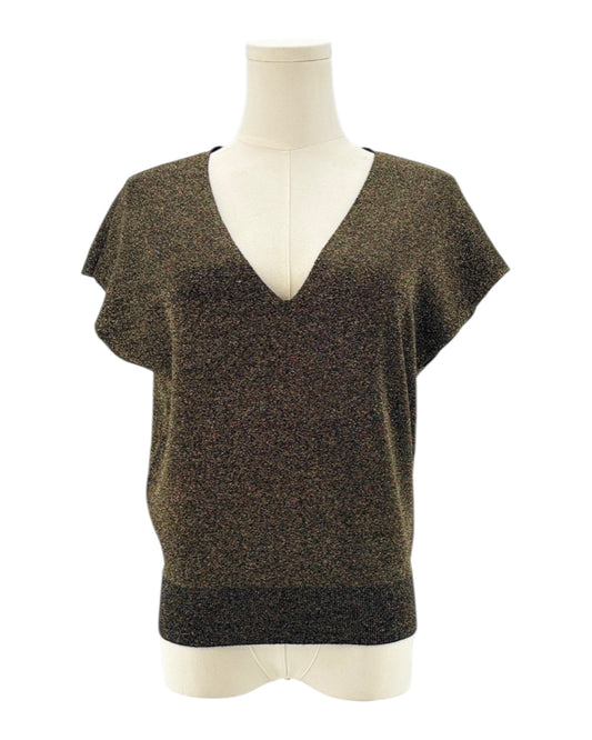 Metallic knit sleeveless top on a mannequin against a white background