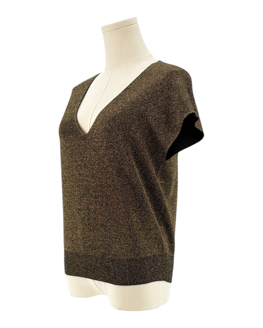 Metallic knit sleeveless top on a mannequin against a white background