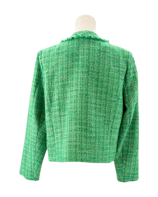 Lily Pulitzer green tweed textured blazer on a mannequin against a white background