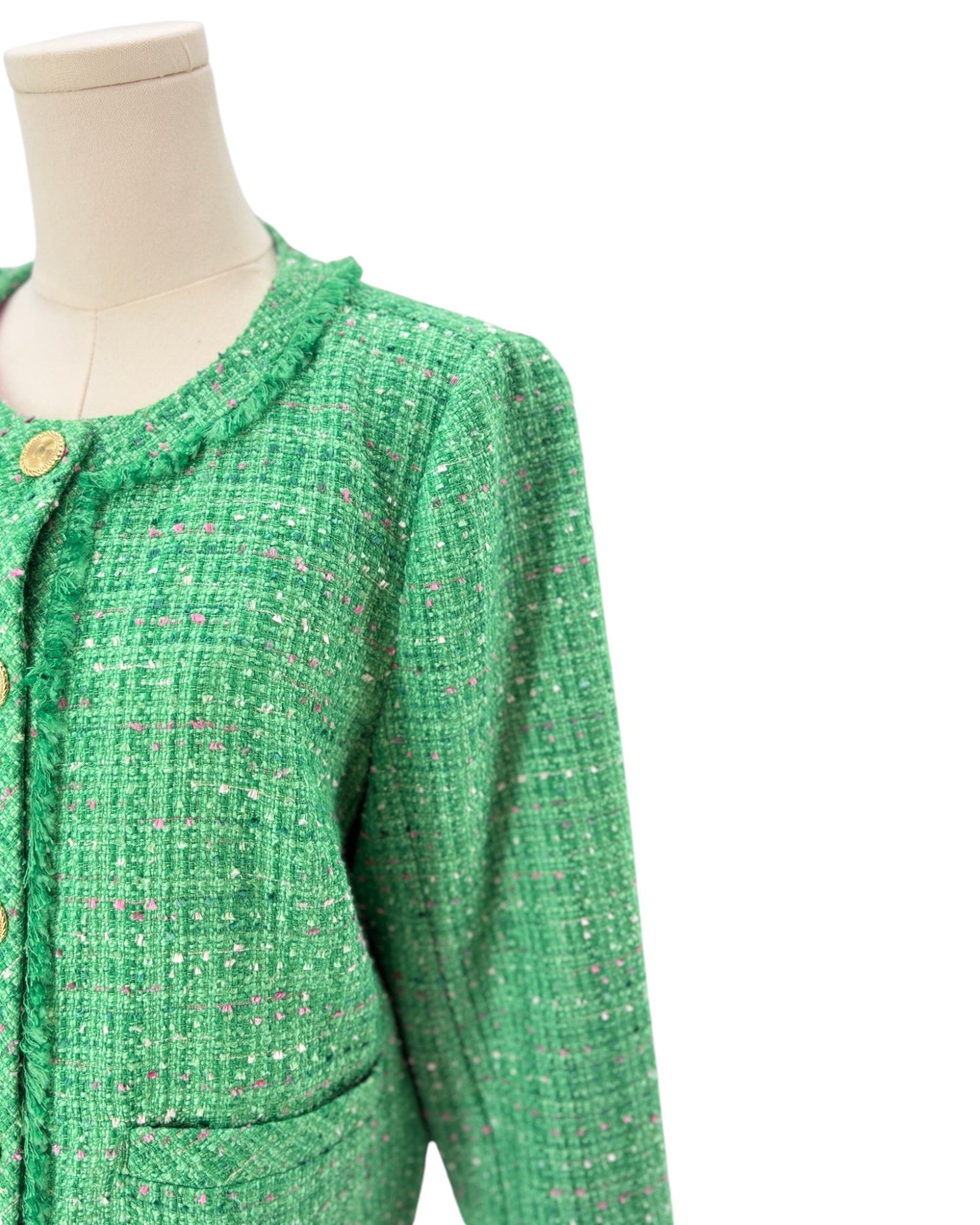 Lily Pulitzer green tweed textured blazer on a mannequin against a white background