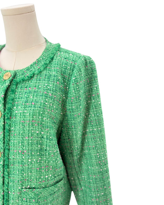 Lily Pulitzer green tweed textured blazer on a mannequin against a white background