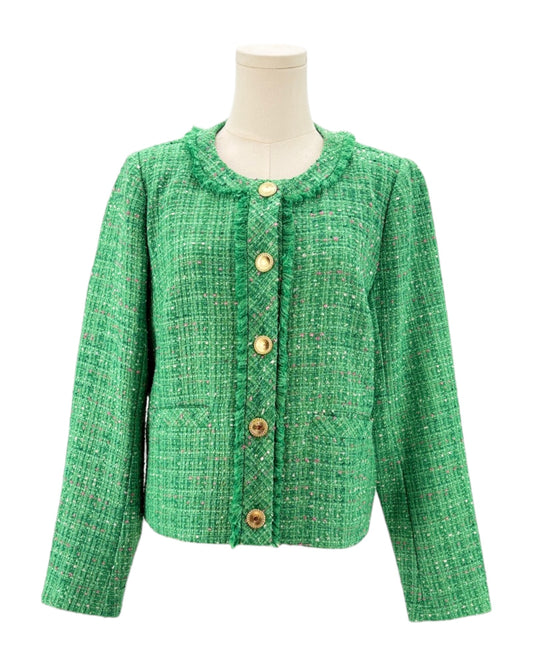 Lily Pulitzer green tweed textured blazer with gold buttons on a mannequin against a white background