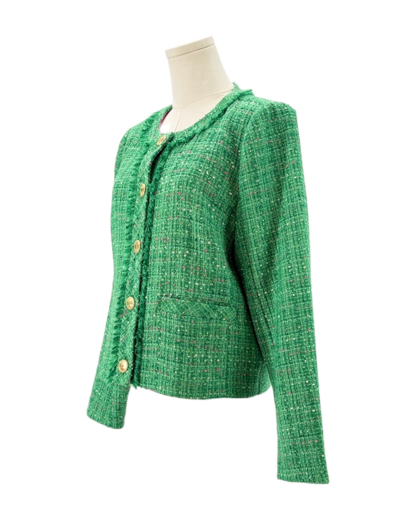 Lily Pulitzer green tweed textured blazer on a mannequin against a white background