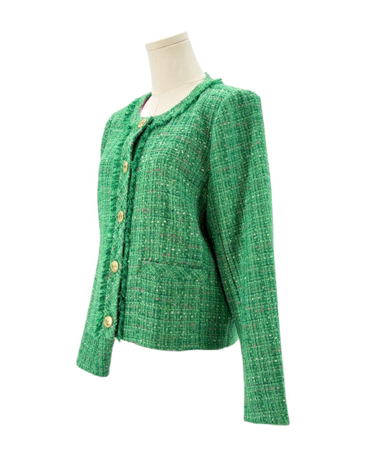 Lily Pulitzer green tweed textured blazer on a mannequin against a white background
