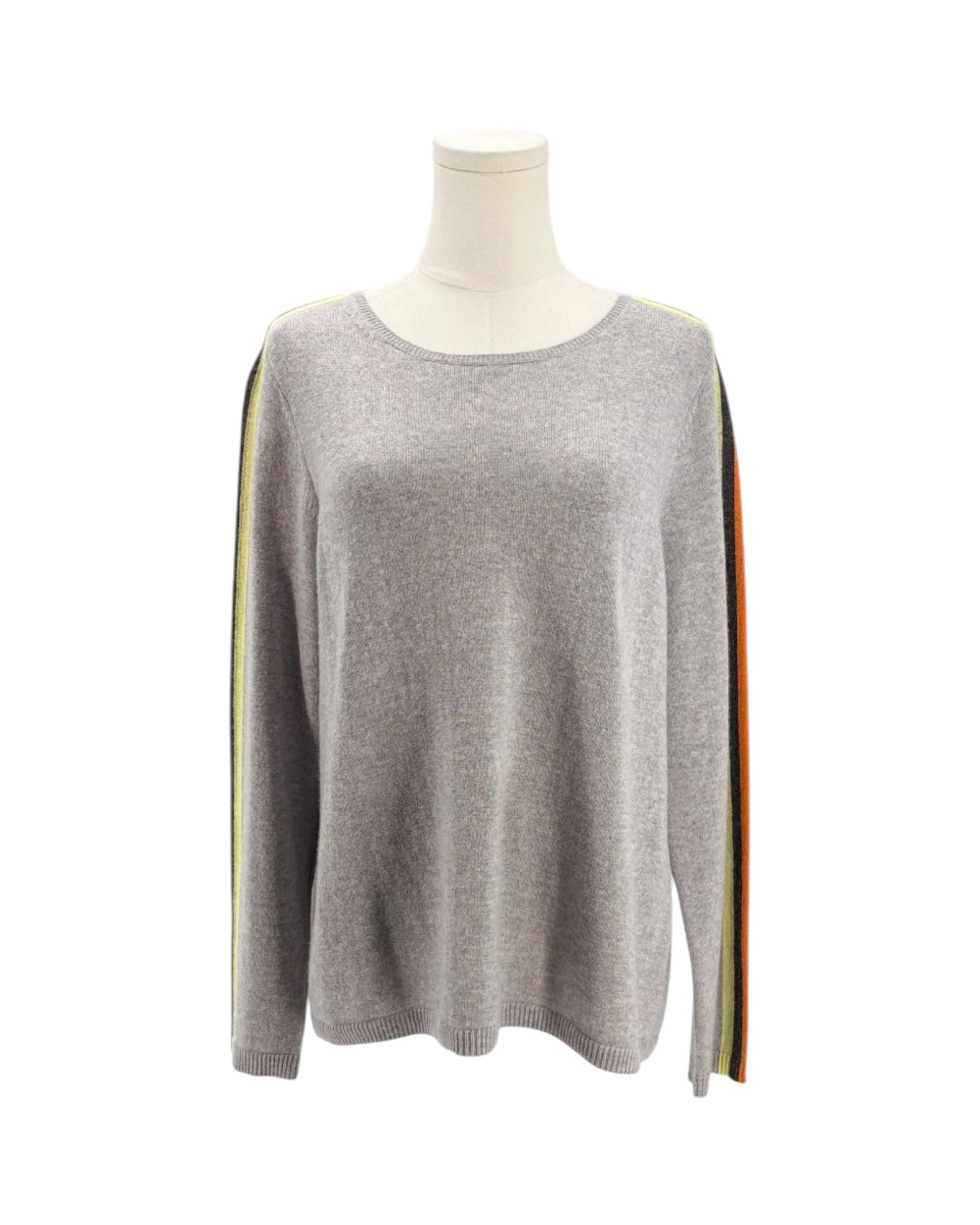 Gray sweater with colorful stripes on sleeves on a mannequin against a white background