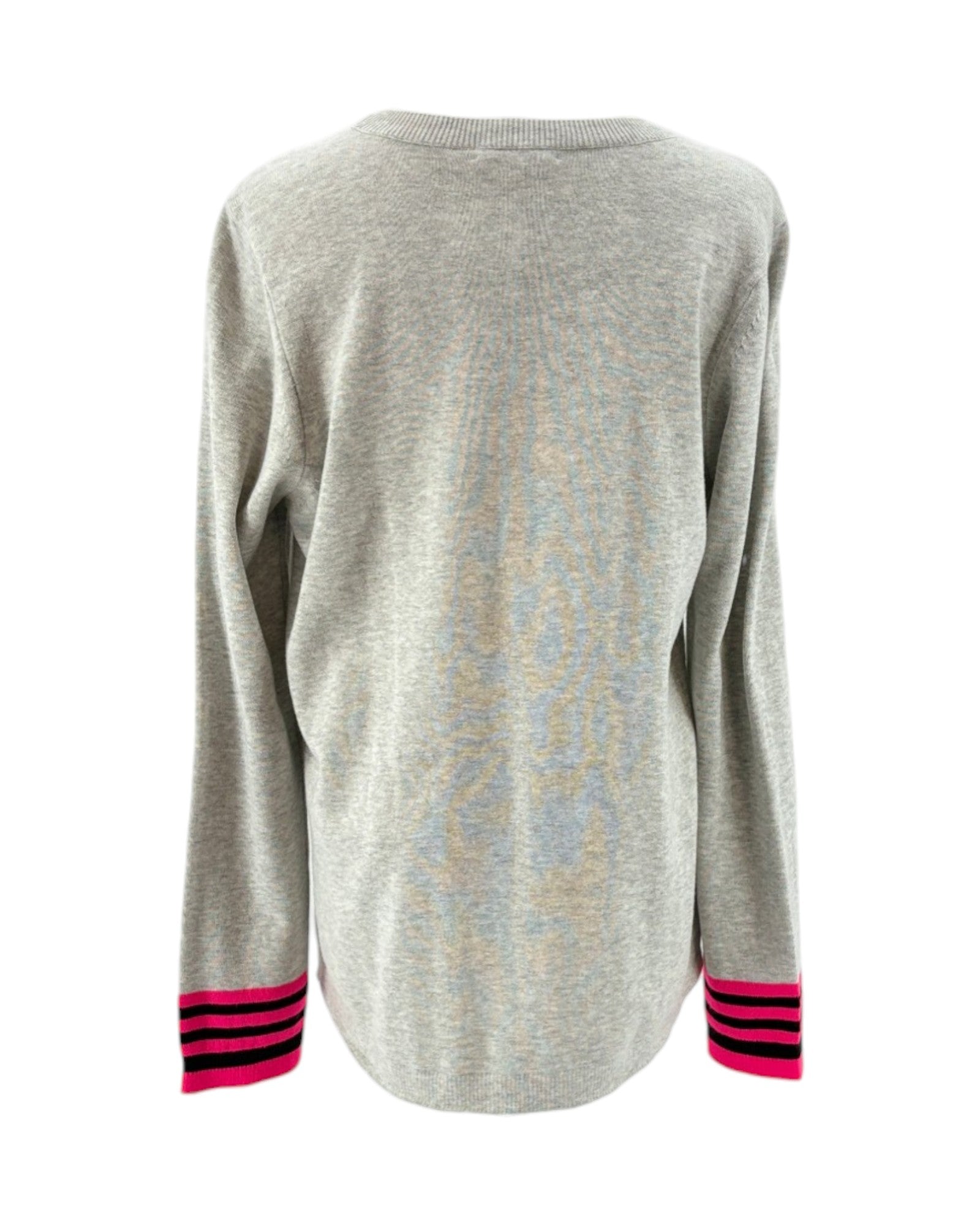 Lisa Todd gray sweater with black and red striped cuffs on a white background