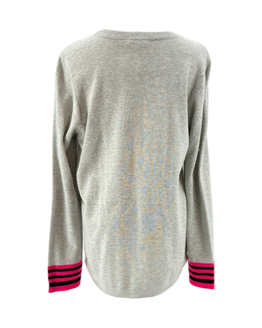 Lisa Todd gray sweater with black and red striped cuffs on a white background