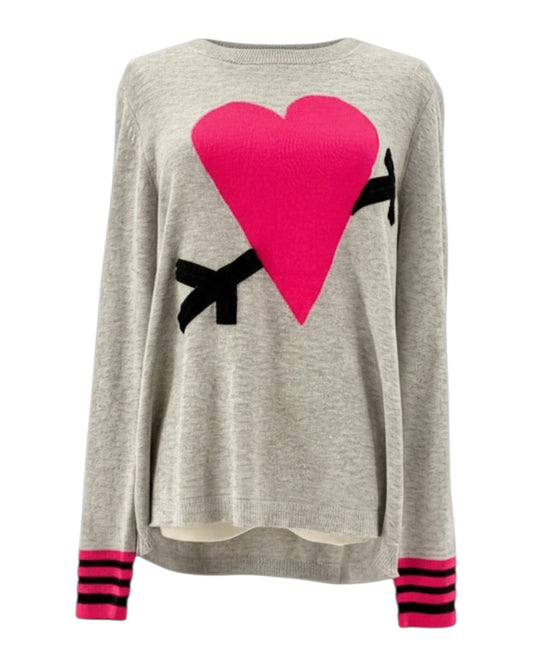 Lisa Todd gray sweater with a pink heart and black arrow on a white background