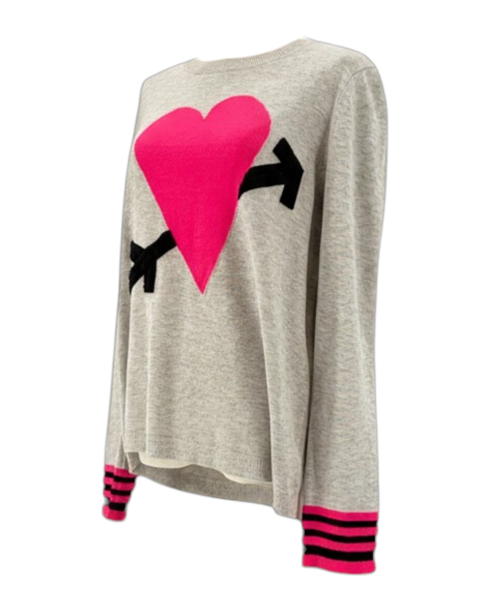 Lisa Todd gray sweater with a pink heart and black arrow on a white background