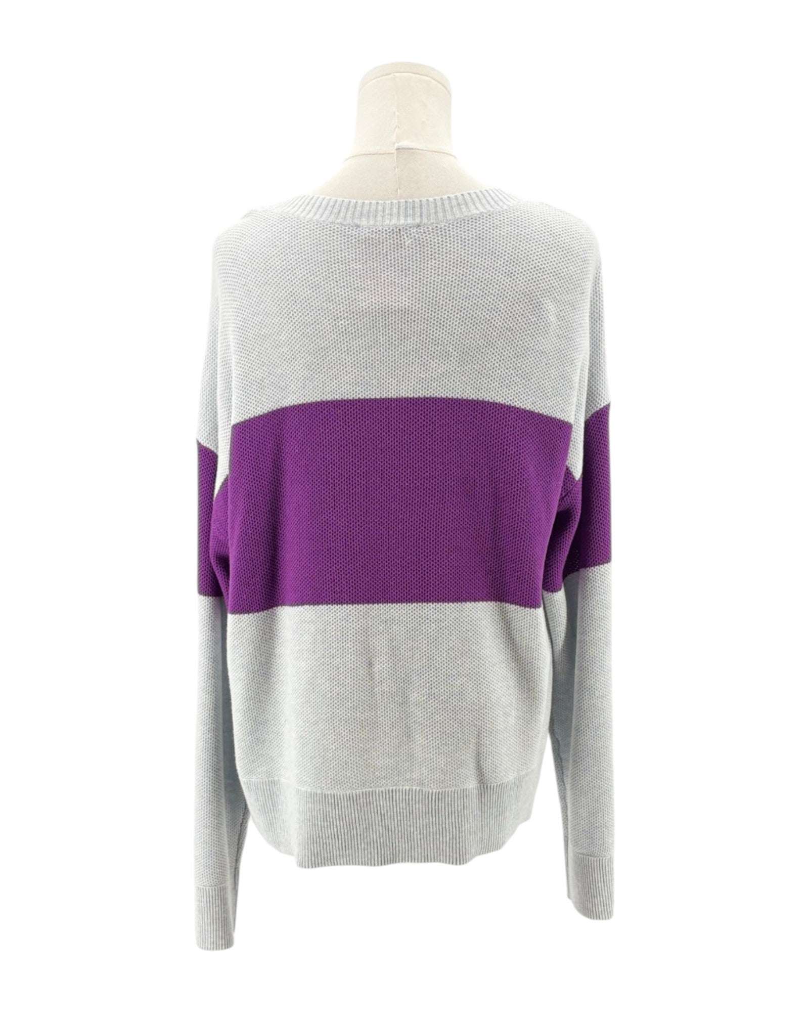 Gray sweater with a purple stripe on a mannequin against a white background