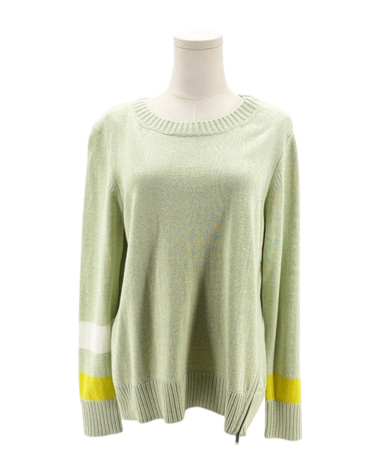 Light green sweater with yellow accents on a mannequin against a white background