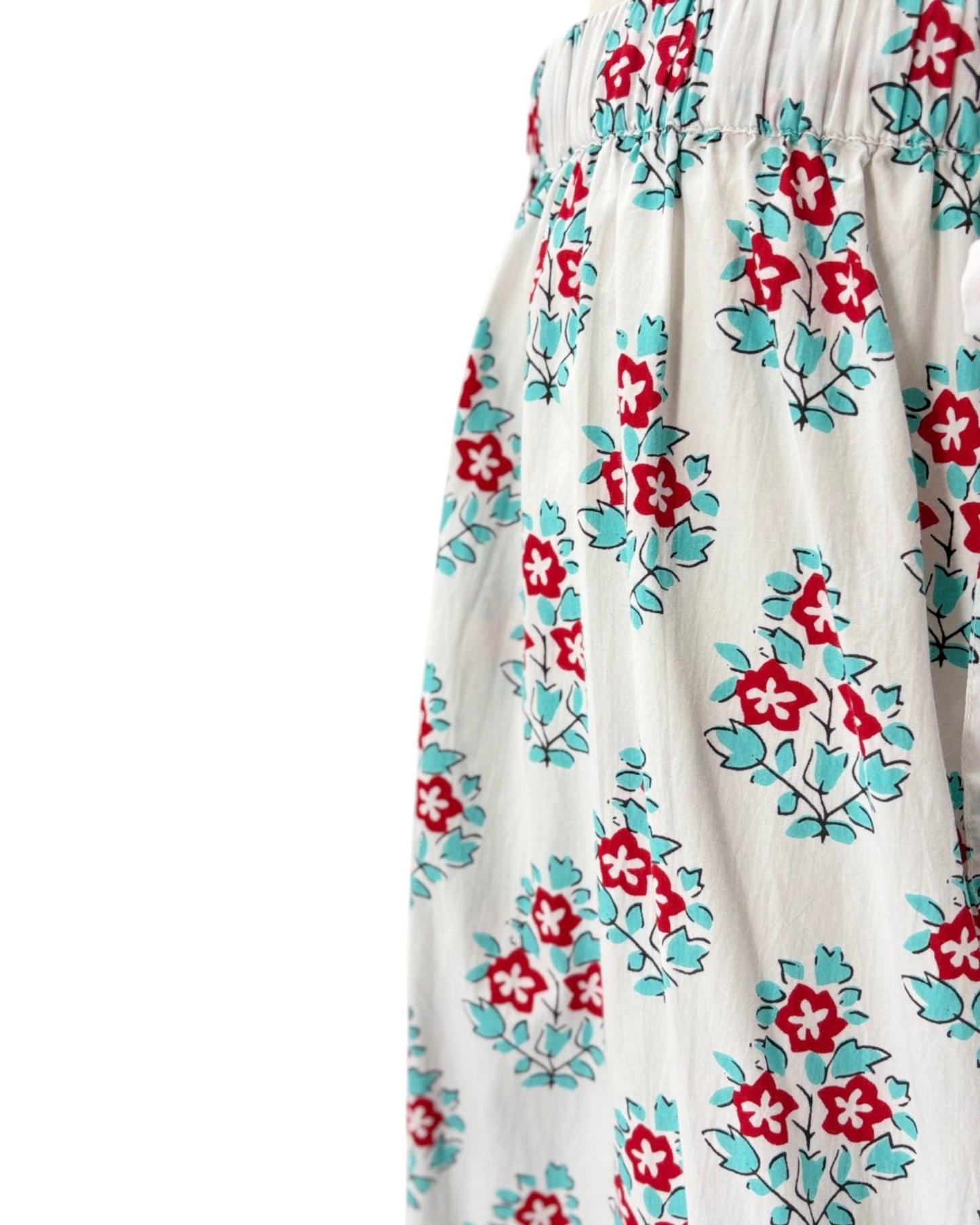 Floral patterned fabric with red and blue flowers on a white background