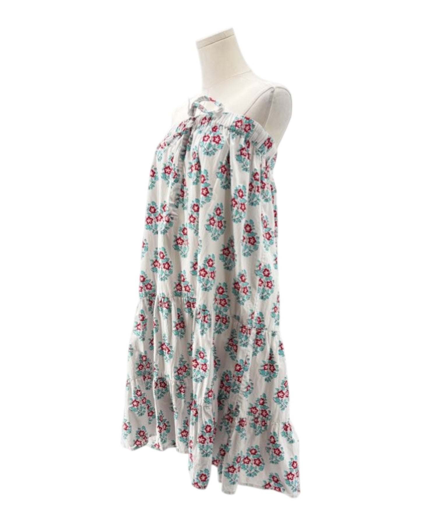 Floral dress on a mannequin against a white background