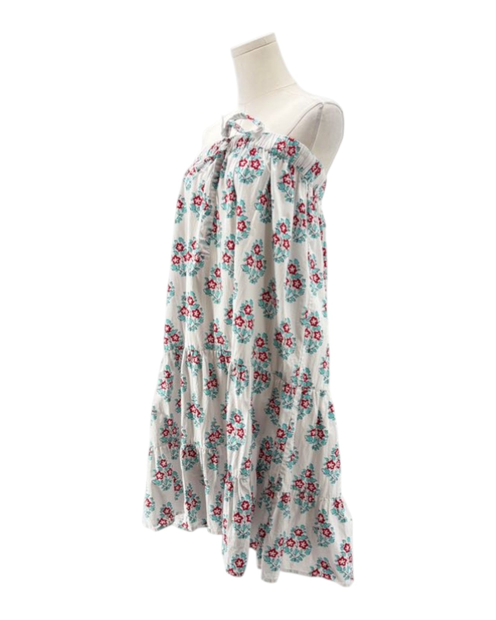 Floral dress on a mannequin against a white background