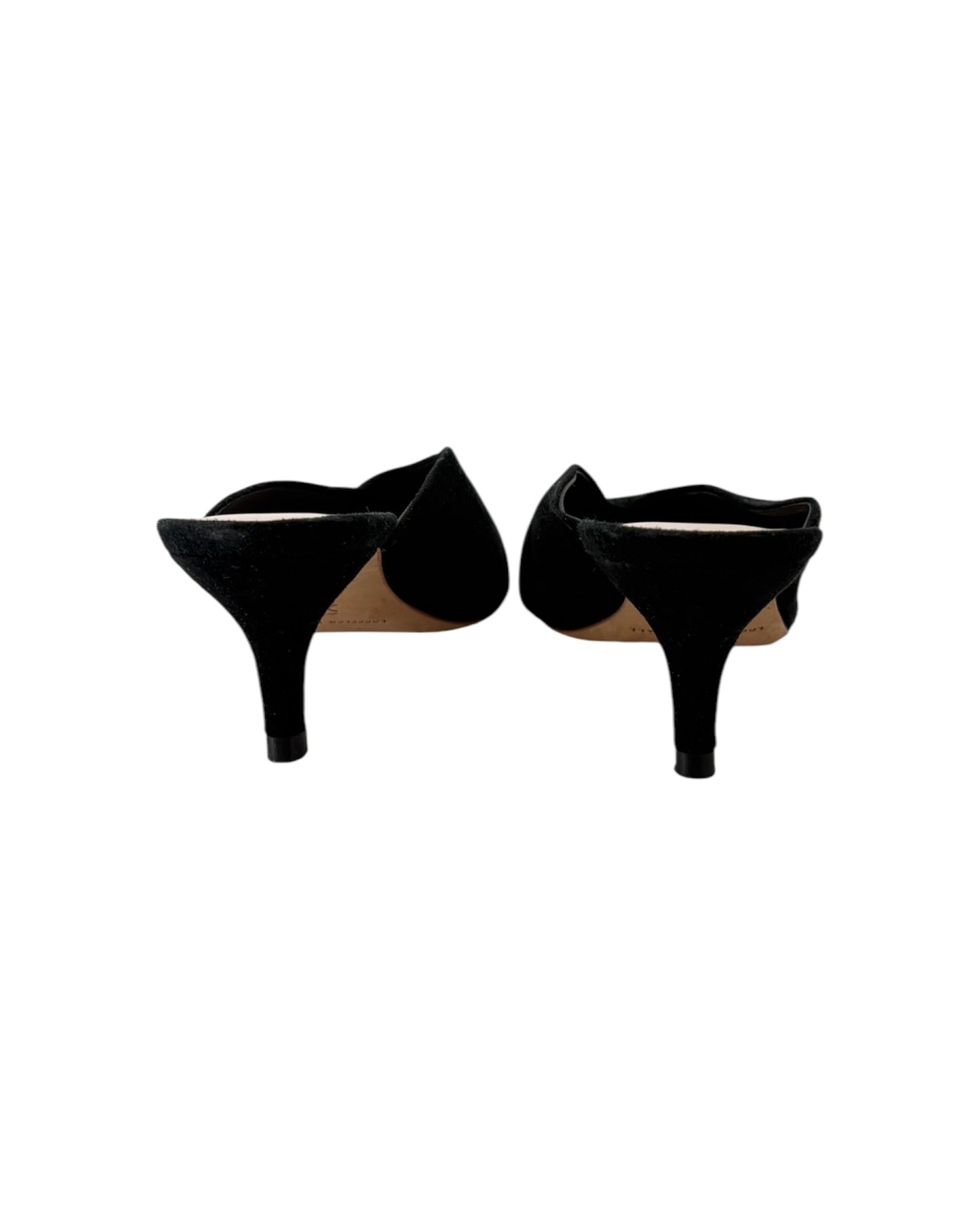 Pair of black high-heeled shoes on a white background