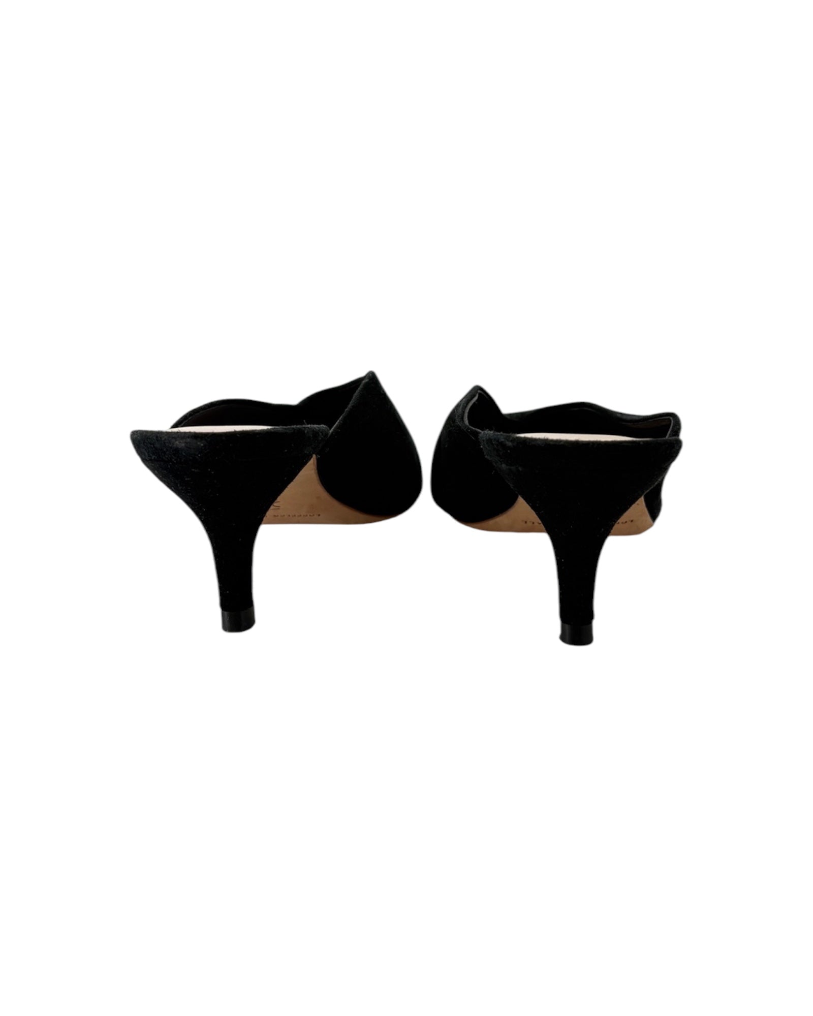 Pair of black high-heeled shoes on a white background