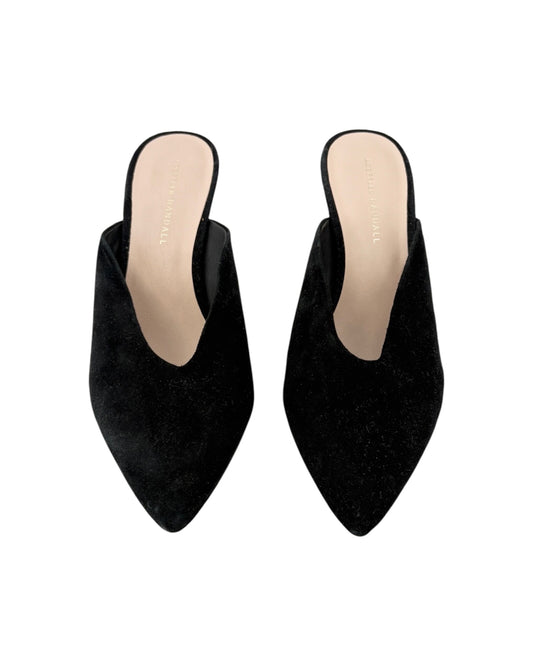 Pair of black pointed-toe mules on a white background