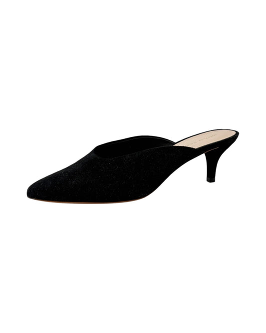 Black high heel shoe on white background