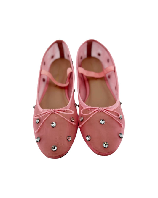 Pink ballet flats with attached jewels and an elastic strap across the top on a white bacground