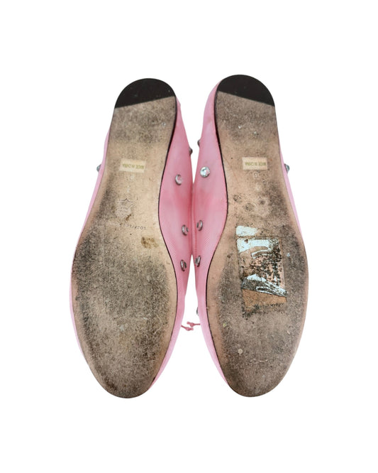 Pink ballet flats with attached jewels and an elastic strap across the top on a white bacground