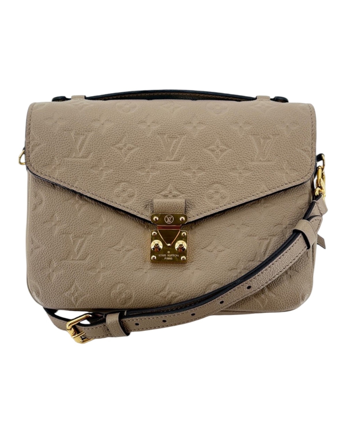 Beige leather Louis Vuitton Handbag with gold hardware on a white background