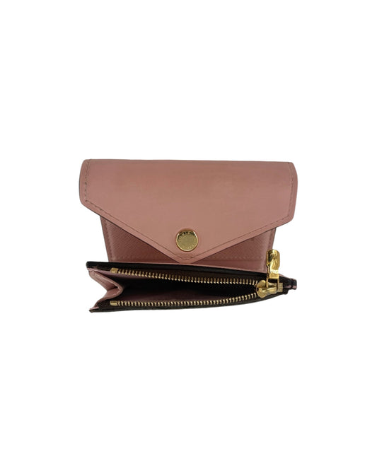Pink and brown Louis Vuitton Wallet on white background with gold hardware