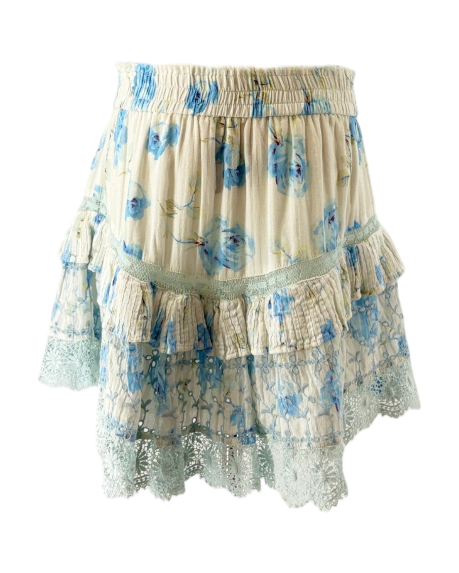 Loveshackfancy floral tiered mini skirt with blue flowers on a white background