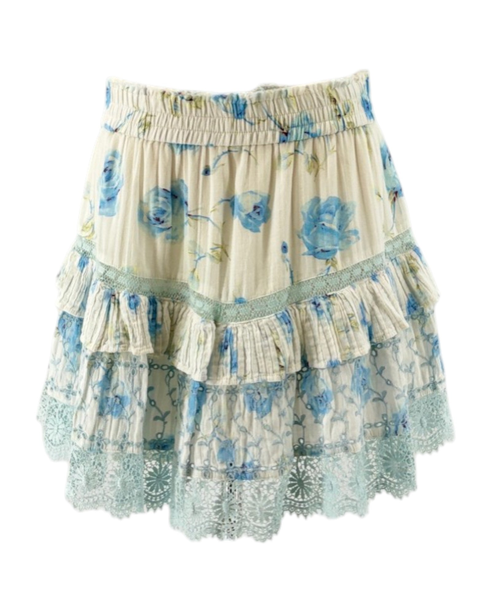 Loveshackfancy floral tiered mini skirt with blue flowers on a white background