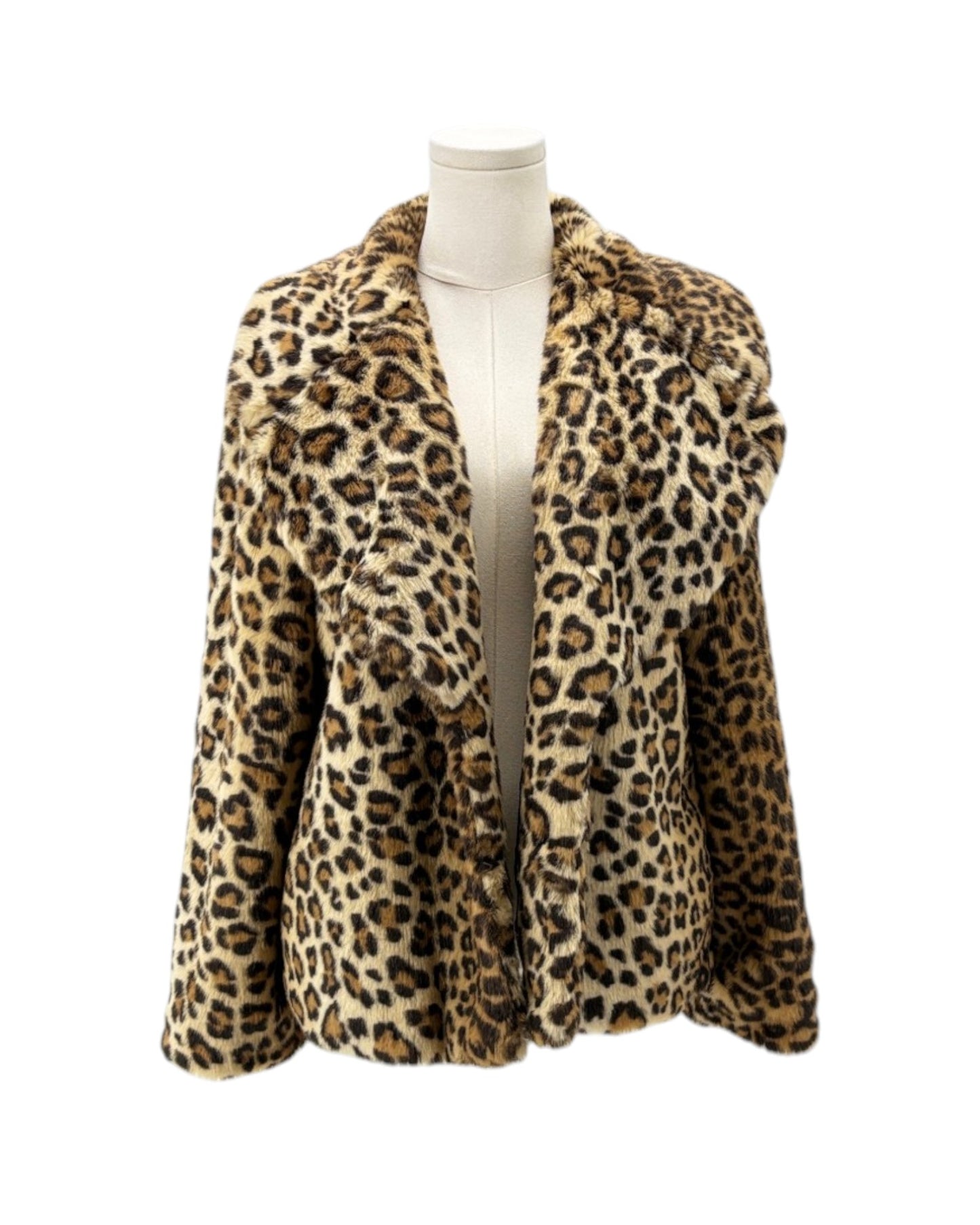 Leopard print jacket on a mannequin against a white background