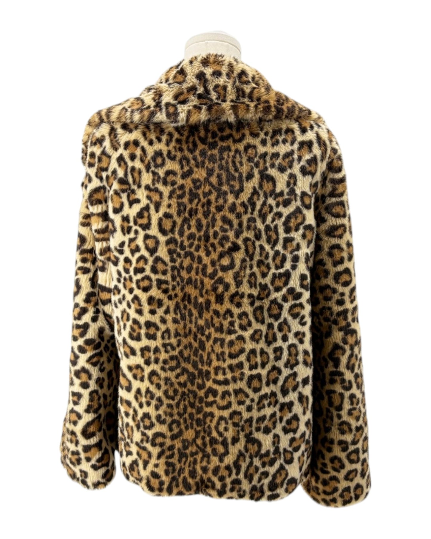 Leopard print jacket on a mannequin against a white background