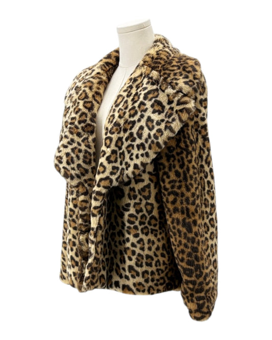 Leopard print coat on a mannequin against a white background