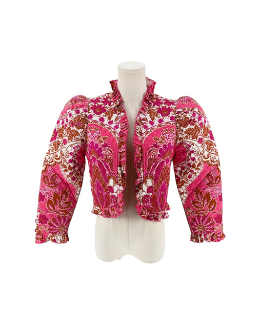Long sleeve floral pink quilted jacket with ruffle trim on a white background