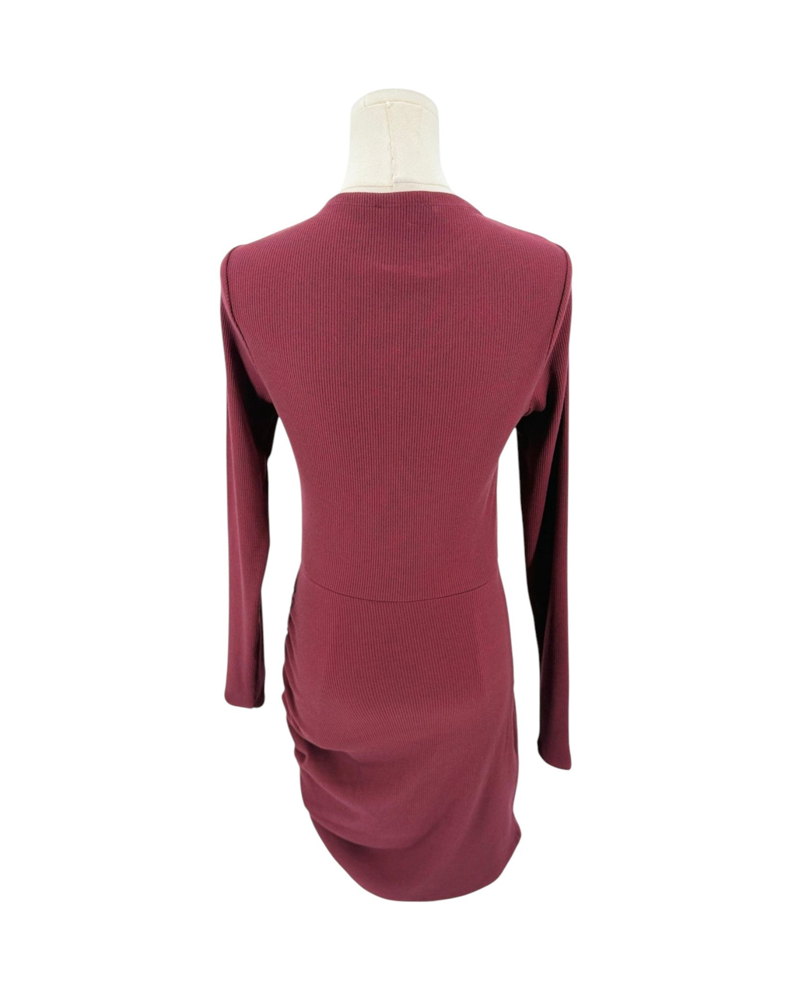 A long-sleeve ribbed knit mini dress in a dusty rose or mauve color, shown from the back on a mannequin torso against a plain white background.