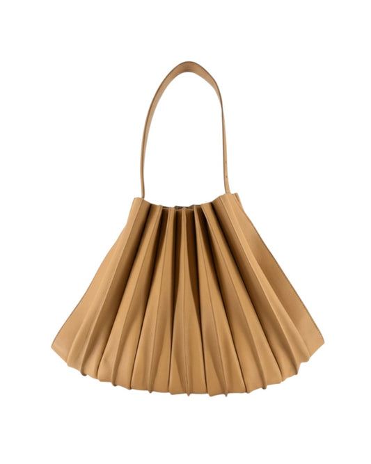 Tan pleated leather handbag on a white background