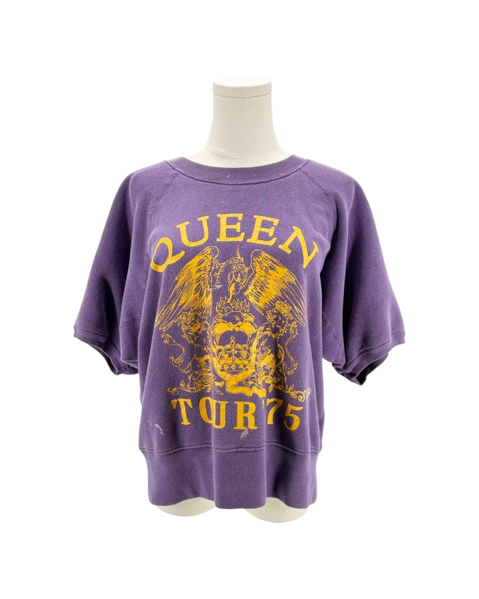 Purple Queen Tour 75 short sleeve sweatshirt on a mannequin on a white background