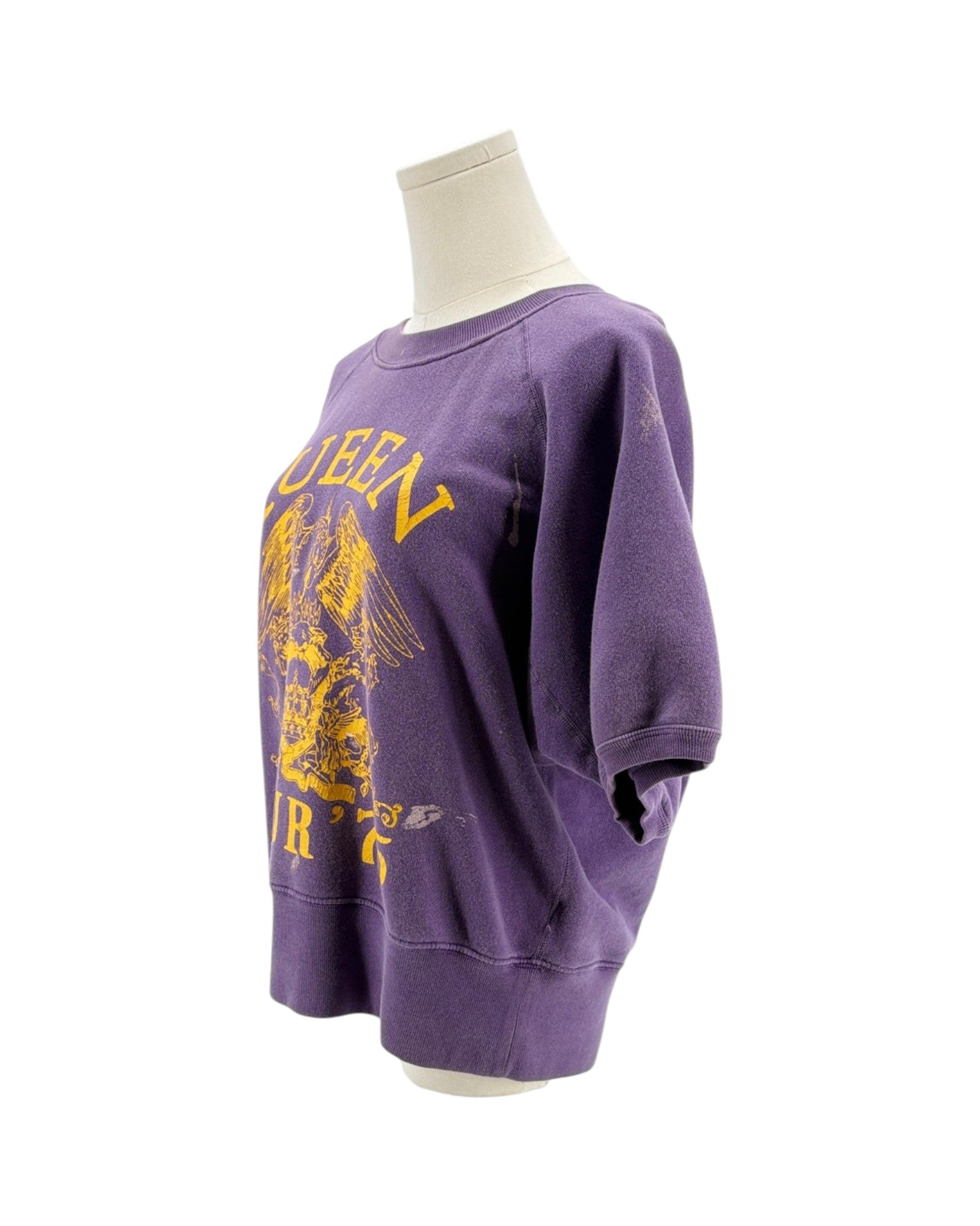 Purple Queen Tour 75 short sleeve sweatshirt on a mannequin on a white background