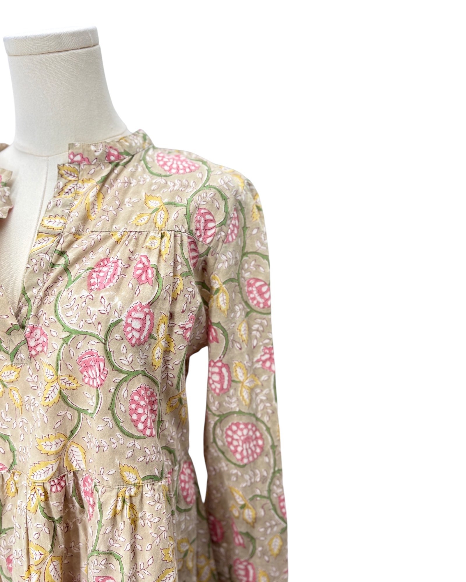Floral patterned dress on a mannequin against a white background