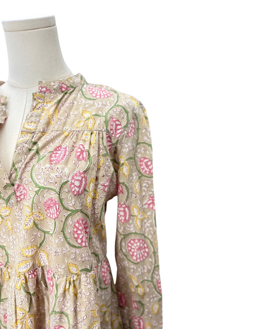 Floral patterned dress on a mannequin against a white background