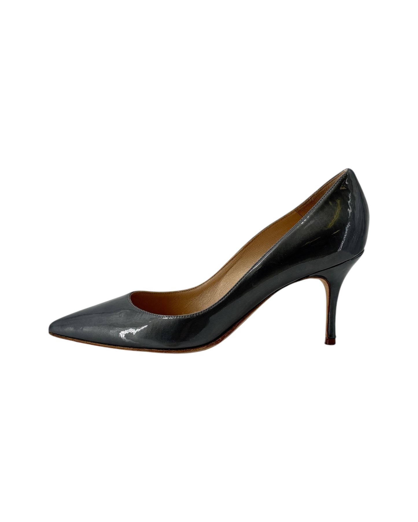 Silver high-heeled shoe on a white background